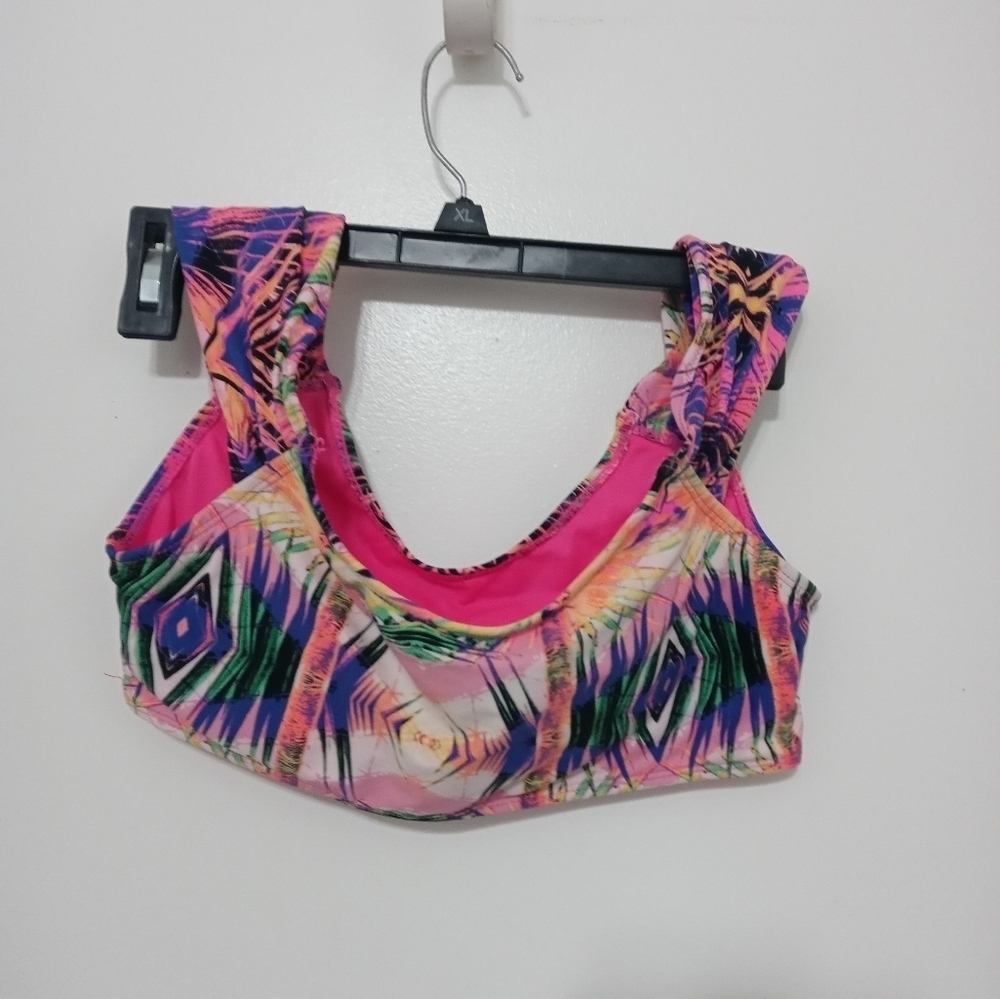 Apollo Swim Coral Tropical  pink/Purple Padded Bralette Swim top w Ruched Straps